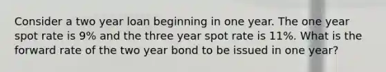 Consider a two year loan beginning in one year. The one year spot rate is 9% and the three year spot rate is 11%. What is the forward rate of the two year bond to be issued in one year?