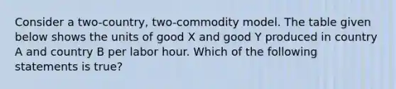 Consider a two-country, two-commodity model. The table given below shows the units of good X and good Y produced in country A and country B per labor hour. Which of the following statements is true?