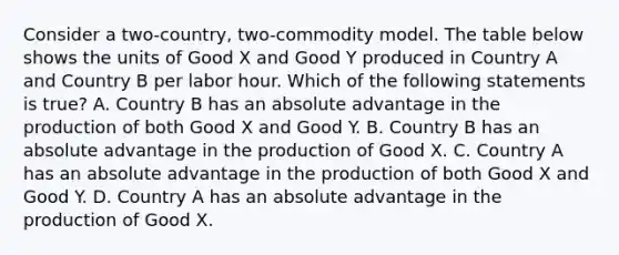 Consider a two-country, two-commodity model. The table below shows the units of Good X and Good Y produced in Country A and Country B per labor hour. Which of the following statements is true? A. Country B has an absolute advantage in the production of both Good X and Good Y. B. Country B has an absolute advantage in the production of Good X. C. Country A has an absolute advantage in the production of both Good X and Good Y. D. Country A has an absolute advantage in the production of Good X.