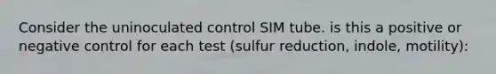 Consider the uninoculated control SIM tube. is this a positive or negative control for each test (sulfur reduction, indole, motility):