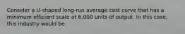 Consider a U-shaped long-run average cost curve that has a minimum efficient scale at 6,000 units of output. In this case, this industry would be