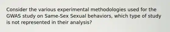 Consider the various experimental methodologies used for the GWAS study on Same-Sex Sexual behaviors, which type of study is not represented in their analysis?