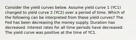 Consider the yield curves below. Assume yield curve 1 (YC1) changed to yield curve 2 (YC2) over a period of time. Which of the following can be interpreted from these yield curves? The Fed has been decreasing the money supply. Duration has decreased. Interest rates for all time periods have decreased. The yield curve was positive at the time of YC1.