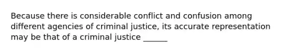 Because there is considerable conflict and confusion among different agencies of criminal justice, its accurate representation may be that of a criminal justice ______