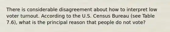 There is considerable disagreement about how to interpret low voter turnout. According to the U.S. Census Bureau (see Table 7.6), what is the principal reason that people do not vote?