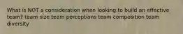 What is NOT a consideration when looking to build an effective team? team size team perceptions team composition team diversity