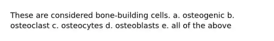 These are considered bone-building cells. a. osteogenic b. osteoclast c. osteocytes d. osteoblasts e. all of the above