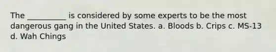 The __________ is considered by some experts to be the most dangerous gang in the United States. a. Bloods b. Crips c. MS-13 d. Wah Chings