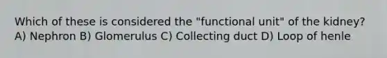 Which of these is considered the "functional unit" of the kidney? A) Nephron B) Glomerulus C) Collecting duct D) Loop of henle