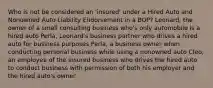 Who is not be considered an 'insured' under a Hired Auto and Nonowned Auto Liability Endorsement in a BOP? Leonard, the owner of a small consulting business who's only automobile is a hired auto Perla, Leonard's business partner who drives a hired auto for business purposes Perla, a business owner when conducting personal business while using a nonowned auto Cleo, an employee of the insured business who drives the hired auto to conduct business with permission of both his employer and the hired auto's owner