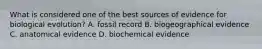 What is considered one of the best sources of evidence for biological evolution? A. fossil record B. biogeographical evidence C. anatomical evidence D. biochemical evidence