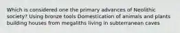 Which is considered one the primary advances of Neolithic society? Using bronze tools Domestication of animals and plants building houses from megaliths living in subterranean caves