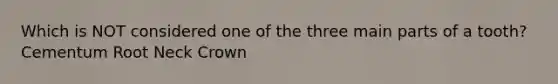 Which is NOT considered one of the three main parts of a tooth? Cementum Root Neck Crown