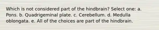 Which is not considered part of the hindbrain? Select one: a. Pons. b. Quadrigeminal plate. c. Cerebellum. d. Medulla oblongata. e. All of the choices are part of the hindbrain.