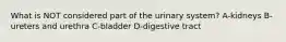 What is NOT considered part of the urinary system? A-kidneys B-ureters and urethra C-bladder D-digestive tract