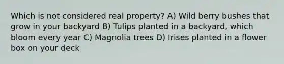 Which is not considered real property? A) Wild berry bushes that grow in your backyard B) Tulips planted in a backyard, which bloom every year C) Magnolia trees D) Irises planted in a flower box on your deck