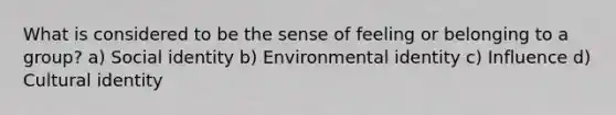 What is considered to be the sense of feeling or belonging to a group? a) Social identity b) Environmental identity c) Influence d) Cultural identity