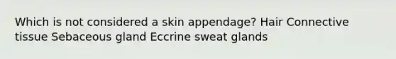 Which is not considered a skin appendage? Hair Connective tissue Sebaceous gland Eccrine sweat glands