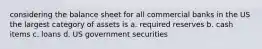 considering the balance sheet for all commercial banks in the US the largest category of assets is a. required reserves b. cash items c. loans d. US government securities