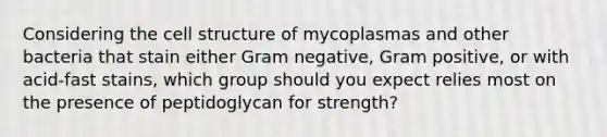 Considering the cell structure of mycoplasmas and other bacteria that stain either Gram negative, Gram positive, or with acid-fast stains, which group should you expect relies most on the presence of peptidoglycan for strength?