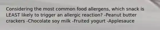 Considering the most common food allergens, which snack is LEAST likely to trigger an allergic reaction? -Peanut butter crackers -Chocolate soy milk -Fruited yogurt -Applesauce