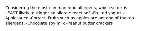 Considering the most common food allergens, which snack is LEAST likely to trigger an allergic reaction? -Fruited yogurt -Applesauce -Correct. Fruits such as apples are not one of the top allergens. -Chocolate soy milk -Peanut butter crackers