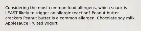 Considering the most common food allergens, which snack is LEAST likely to trigger an allergic reaction? Peanut butter crackers Peanut butter is a common allergen. Chocolate soy milk Applesauce Fruited yogurt