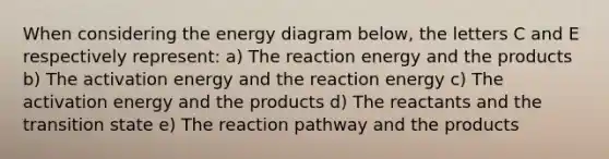 When considering the energy diagram below, the letters C and E respectively represent: a) The reaction energy and the products b) The activation energy and the reaction energy c) The activation energy and the products d) The reactants and the transition state e) The reaction pathway and the products