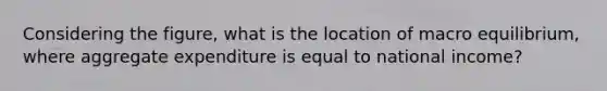 Considering the figure, what is the location of macro equilibrium, where aggregate expenditure is equal to national income?