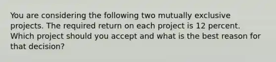 You are considering the following two mutually exclusive projects. The required return on each project is 12 percent. Which project should you accept and what is the best reason for that decision?