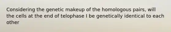Considering the genetic makeup of the homologous pairs, will the cells at the end of telophase I be genetically identical to each other