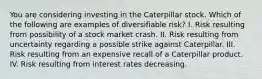 You are considering investing in the Caterpillar stock. Which of the following are examples of diversifiable risk? I. Risk resulting from possibility of a stock market crash. II. Risk resulting from uncertainty regarding a possible strike against Caterpillar. III. Risk resulting from an expensive recall of a Caterpillar product. IV. Risk resulting from interest rates decreasing.