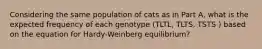 Considering the same population of cats as in Part A, what is the expected frequency of each genotype (TLTL, TLTS, TSTS ) based on the equation for Hardy-Weinberg equilibrium?