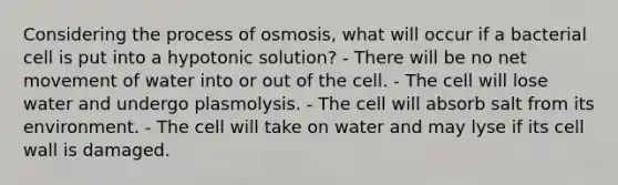 Considering the process of osmosis, what will occur if a bacterial cell is put into a hypotonic solution? - There will be no net movement of water into or out of the cell. - The cell will lose water and undergo plasmolysis. - The cell will absorb salt from its environment. - The cell will take on water and may lyse if its cell wall is damaged.