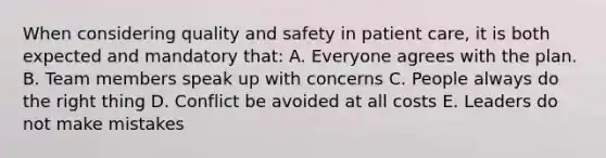 When considering quality and safety in patient care, it is both expected and mandatory that: A. Everyone agrees with the plan. B. Team members speak up with concerns C. People always do the right thing D. Conflict be avoided at all costs E. Leaders do not make mistakes