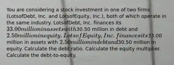 You are considering a stock investment in one of two firms (LotsofDebt, Inc. and LotsofEquity, Inc.), both of which operate in the same industry. LotsofDebt, Inc. finances its 33.00 million in assets with30.50 million in debt and 2.50 million in equity. LotsofEquity, Inc. finances its33.00 million in assets with 2.50 million in debt and30.50 million in equity. Calculate the debt ratio. Calculate the equity multiplier. Calculate the debt-to-equity.