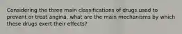 Considering the three main classifications of drugs used to prevent or treat angina, what are the main mechanisms by which these drugs exert their effects?