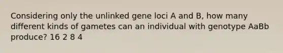 Considering only the unlinked gene loci A and B, how many different kinds of gametes can an individual with genotype AaBb produce? 16 2 8 4