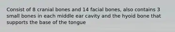 Consist of 8 cranial bones and 14 facial bones, also contains 3 small bones in each middle ear cavity and the hyoid bone that supports the base of the tongue