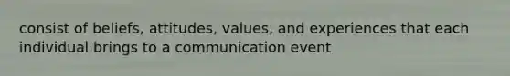 consist of beliefs, attitudes, values, and experiences that each individual brings to a communication event