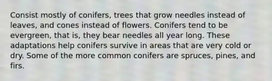 Consist mostly of conifers, trees that grow needles instead of leaves, and cones instead of flowers. Conifers tend to be evergreen, that is, they bear needles all year long. These adaptations help conifers survive in areas that are very cold or dry. Some of the more common conifers are spruces, pines, and firs.