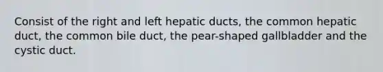 Consist of the right and left hepatic ducts, the common hepatic duct, the common bile duct, the pear-shaped gallbladder and the cystic duct.