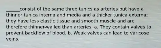 ______consist of the same three tunics as arteries but have a thinner tunica interna and media and a thicker tunica externa; they have less elastic tissue and smooth muscle and are therefore thinner-walled than arteries. a. They contain valves to prevent backflow of blood. b. Weak valves can lead to varicose veins.