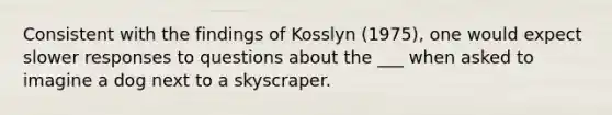 Consistent with the findings of Kosslyn (1975), one would expect slower responses to questions about the ___ when asked to imagine a dog next to a skyscraper.