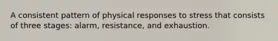 A consistent pattern of physical responses to stress that consists of three stages: alarm, resistance, and exhaustion.