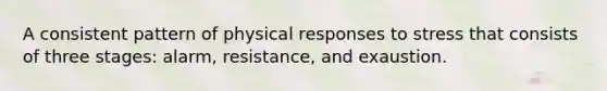 A consistent pattern of physical responses to stress that consists of three stages: alarm, resistance, and exaustion.