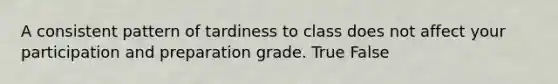 A consistent pattern of tardiness to class does not affect your participation and preparation grade. True False