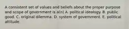 A consistent set of values and beliefs about the proper purpose and scope of government is a(n) A. political ideology. B. public good. C. original dilemma. D. system of government. E. political attitude.