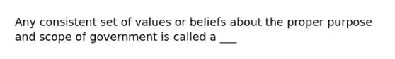 Any consistent set of values or beliefs about the proper purpose and scope of government is called a ___