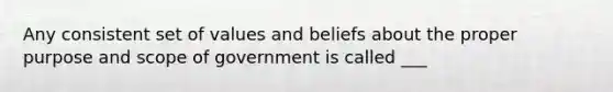 Any consistent set of values and beliefs about the proper purpose and scope of government is called ___